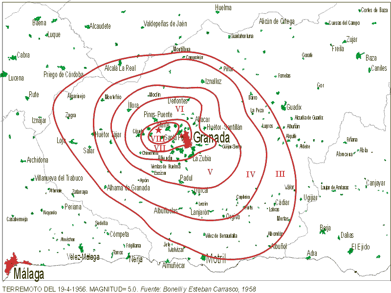 Imagen en la que se muestra el alcance del terremoto de Atarfe-Albolote del 19 de Abril de 1956 en un mapa