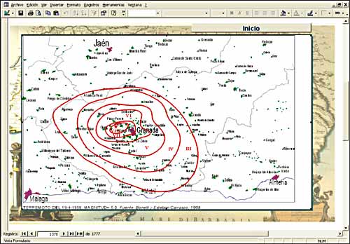 Imagen en la que se muestra la pantalla del mapa de isosistas de la base de datos